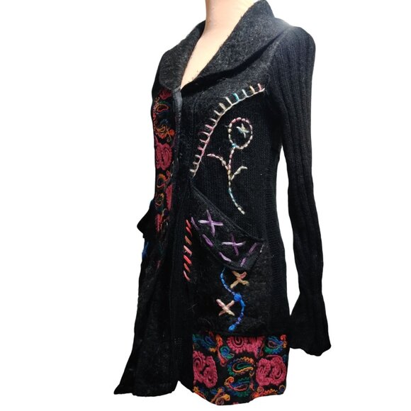 Liquid by Stone S Black Boho Knit Cardigan Jacket Colorful Embroidered Sweater - Picture 4 of 12